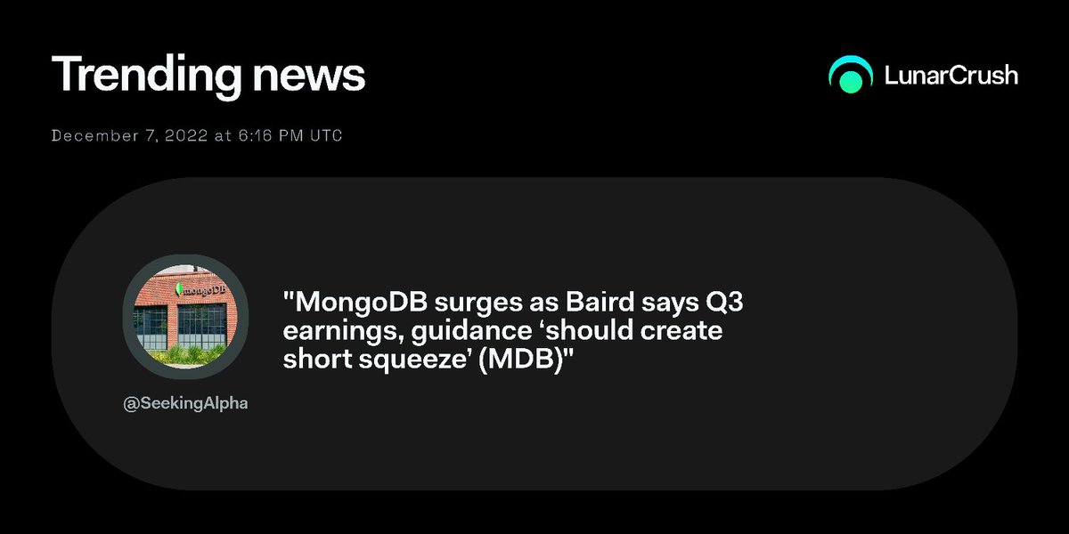 ShaunDibb's tweet image. &quot;MongoDB surges as Baird says Q3 earnings, guidance ‘should create short squeeze’ (MDB)&quot; via @SeekingAlpha

Trending #mongodbinc news with frequent shares and strong engagement across social media.

Social Insights: lnr.app/s/dKxWrO $mdb

Source👇seekingalpha.com/news/3914827-m…