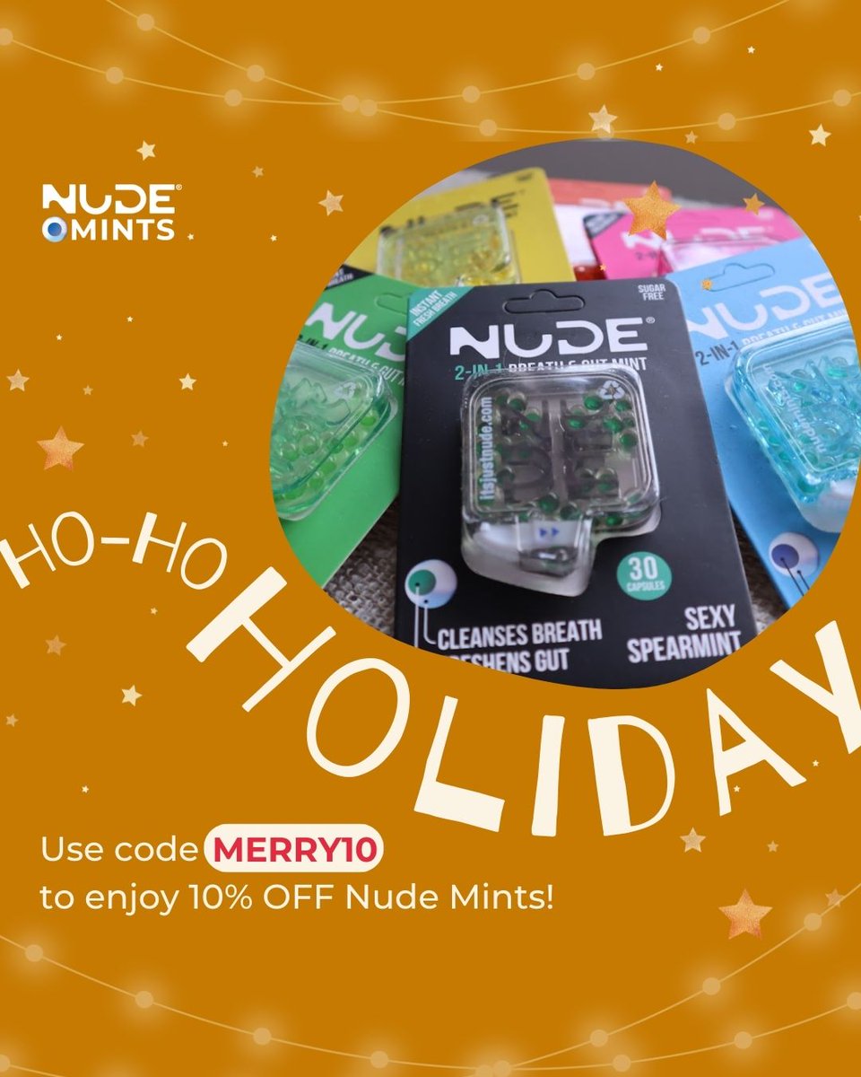 nudemints's tweet photo. Stock up your stockings with the next generation of mints! Enjoy 10% OFF Nude Mints when you use the code MERRY10 upon checkout!
Limited Time only! Promo valid until December 13, 2022 11:59 pm. β¨
#nudemints #mints #mint #minty #mintyfresh #fresh #clean #guthealth https://t.co/7wByb28Ntg
