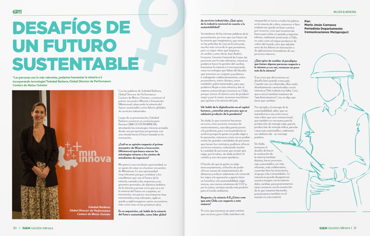 En línea con nuestro #Decálogo de #MineríaPlanetaria 🌍, los invitamos a leer la entrevista realizada a Soledad Barbera, Global Director de Performance Centers de Metso Outotec, quien conversó con <a href="/gmgestionminera/">G&M Gestión Minera</a> en el evento de <a href="/Min_Innova/">Mininnova</a> 📰🗞️👉bit.ly/3FIEfjz