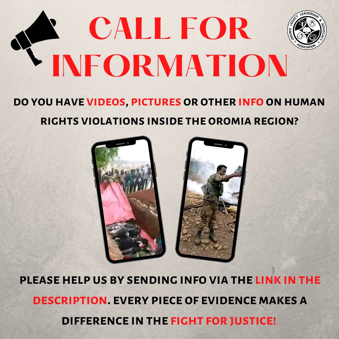 robaoromia's tweet photo. OLLAA is calling for videos, images or other info on human rights abuses in #Oromia. Help us to fight for justice by submitting evidence to the link below. 
Submit here >https://t.co/uIHmqYjhzy

#OromoVoice  #OromoLivesMatter #OromoProtests #HumanRightsViolations #HumanRights https://t.co/KlSEShN8qg