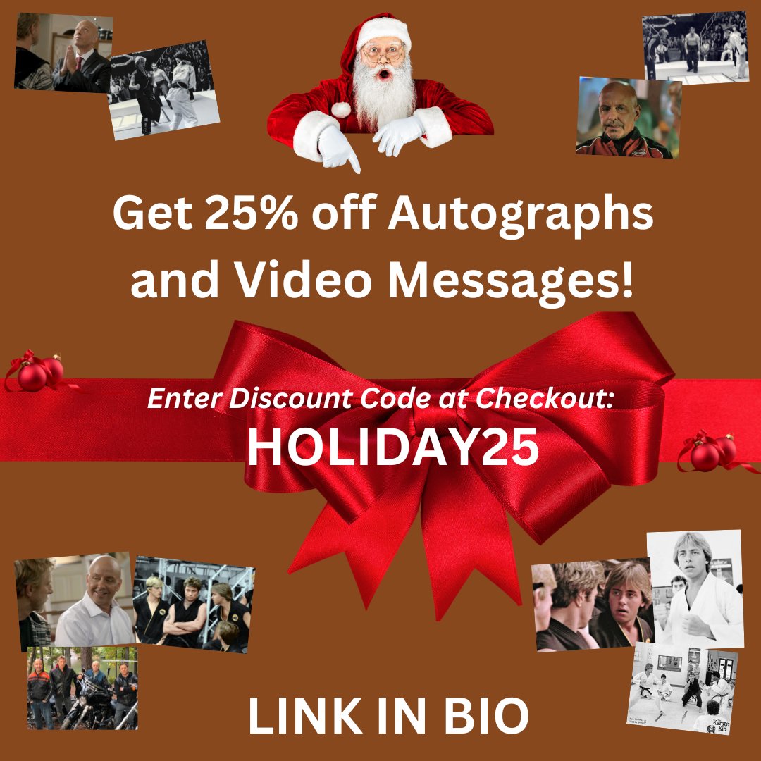 Holiday sale! Get 25% off #autographs and #videomessages 🎄
You pick ‘em, I sign ‘em (or record ’em).

International shipping. Get ‘em in time for Xmas! Enter discount code at checkout: HOLIDAY25

Hurry! Limited time offer.
LINK IN BIO

#cobrakai #karatekid #bobby #holidaysale