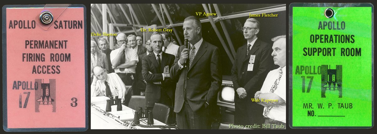 TheRealSawchuck's tweet photo. #Apollo17 Deputy Director of Launch Operations, Dr. Robert H. Gray’s firing room access badge and #NASA photographer Bill Taub’s LCC OSR badge. Both badges were worn in the LCC during the launch of the last crewed mission to the moon (7 Dec 1972). Photo credit: Bill Taub. #OTD https://t.co/TrNgUYvJEJ