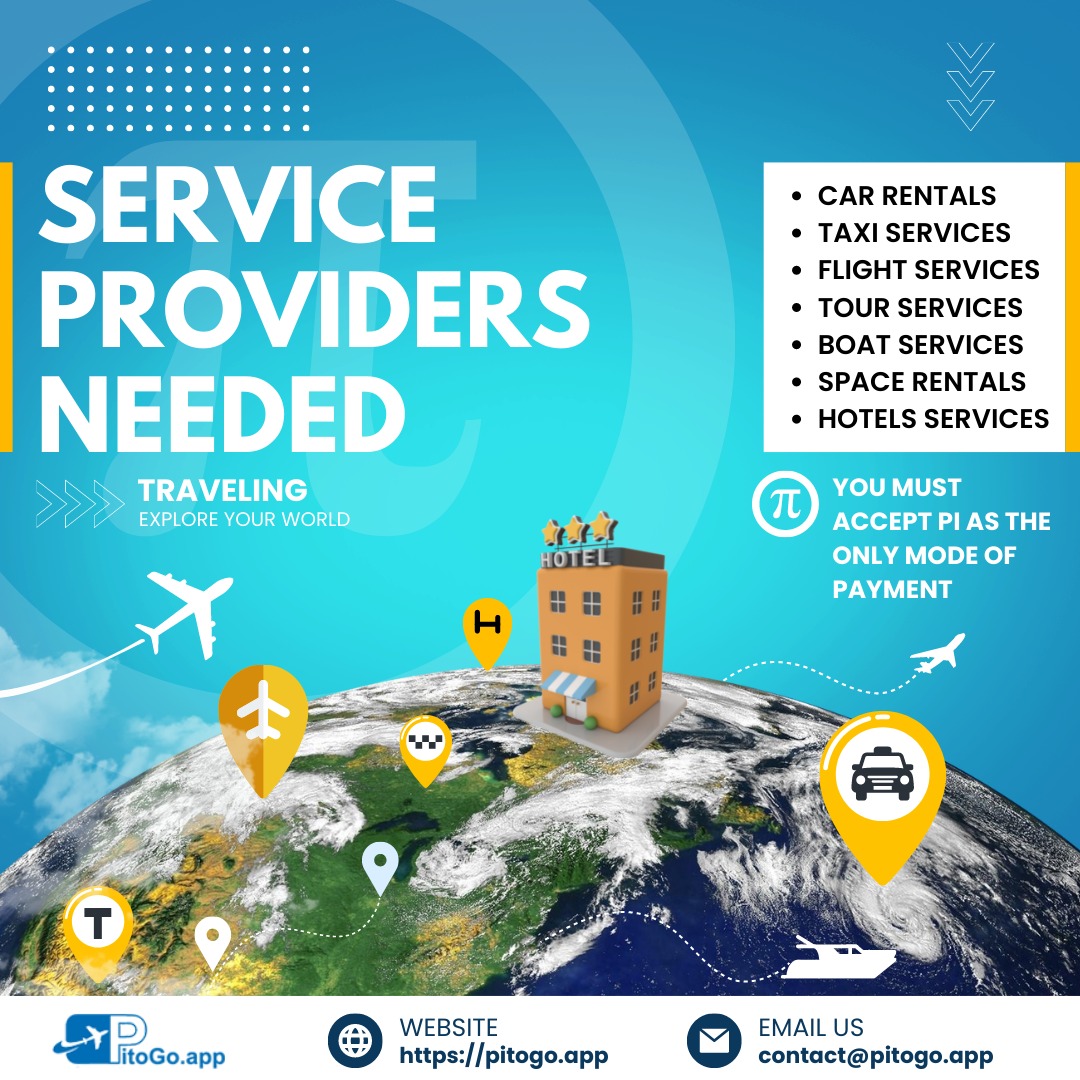 PitoGo_Services's tweet photo. Do you have listed travel services to offer in Pi payments?
Contact us for more information. 
Let us revolutionize the travel industry together!
@PiCoreTeam 
@nkokkalis 
@PiRevolutionX 
@Picameroon https://t.co/DzyBbDV36l