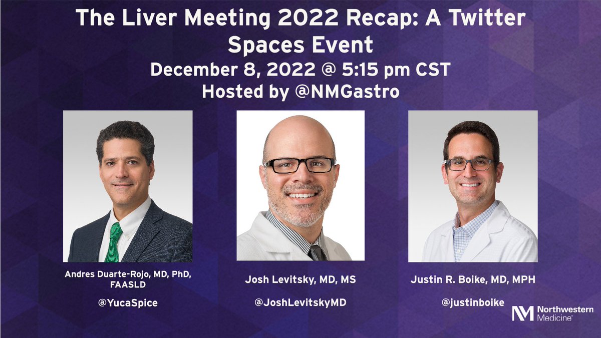 Join Andres Duarte-Rojo, MD, Josh Levitsky, MD, and Justin R. Boike, MD, on December 8 @ 5:15 pm CST for a recap of #TLM22 via #TwitterSpaces. We'll be discussing presentations, key takeaways, and more! Set a reminder: twitter.com/i/spaces/1vOxw… #MedTwitter #LiverTwitter
