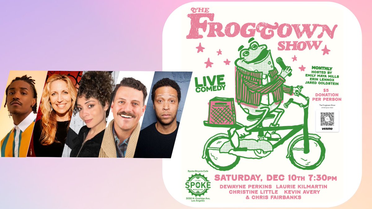 We’ve got a killer show this Saturday with <a href="/DewaynePerkins/">Dewayne Perkins</a> <a href="/anylaurie16/">Laurie Kilmartin</a> <a href="/chrisfairbanks/">Chris Fairbanks</a> <a href="/TheXTineLittle/">Christine Little</a> &amp; <a href="/KevinAvery/">Kevin Avery</a> - come on out to <a href="/spoke_lariver/">Spoke Bicycle Cafe</a> rain or shine! Hosted by: <a href="/emilymayamills/">Emily Maya Mills</a> @ErinDeweyLennox @heyjaredhey 🐸