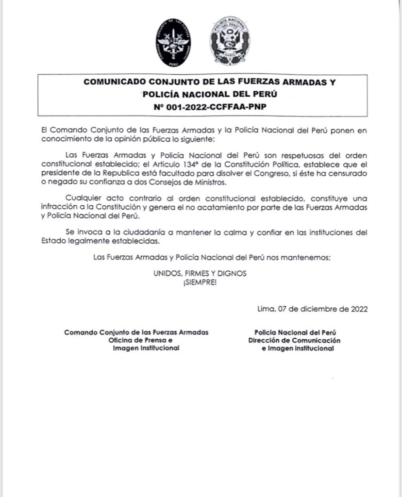 gonza_banda's tweet image. El Comando Conjunto de las Fuerzas Armadas y la Policía del Perú no respaldan al autócrata Pedro Castillo.

Ahora, que no escape.