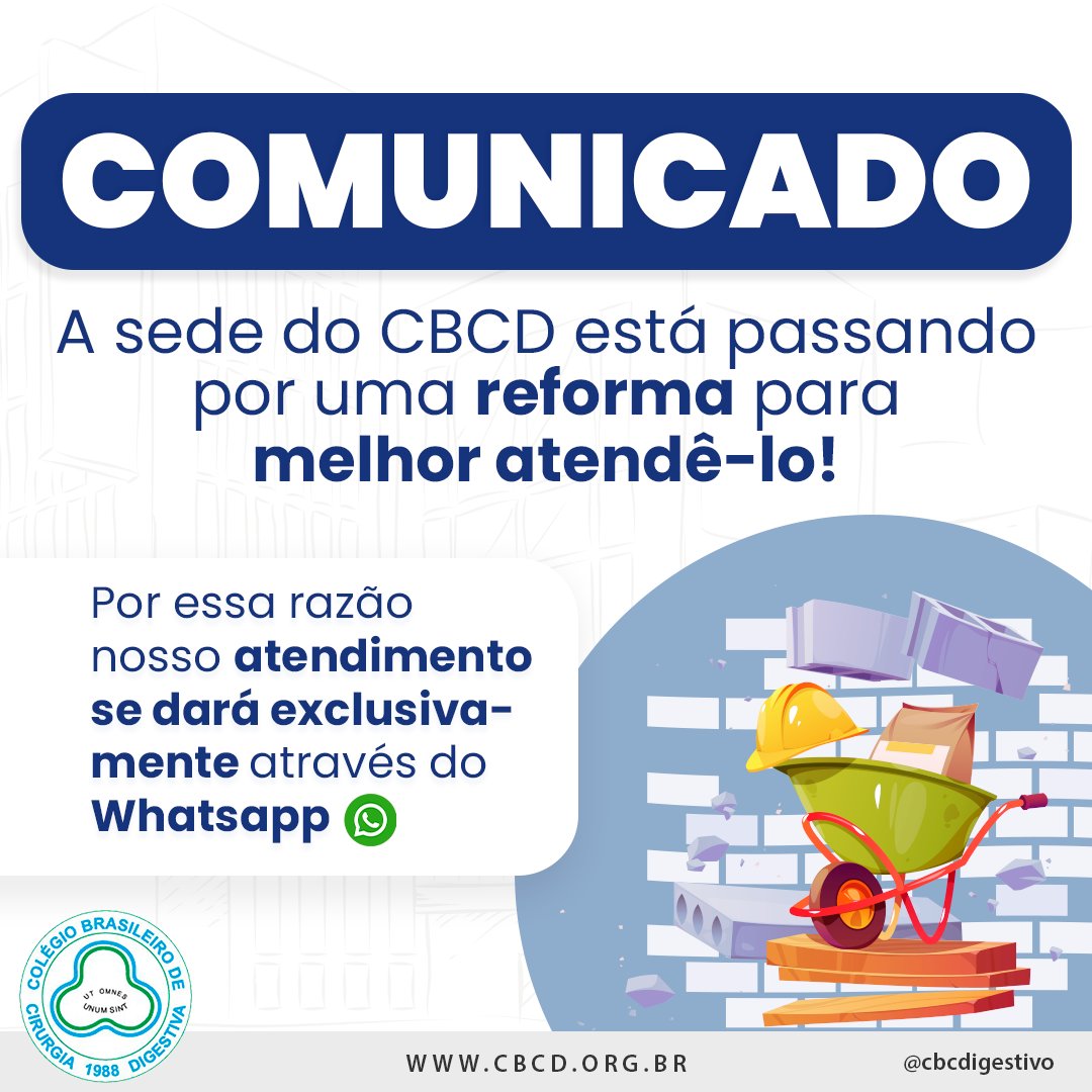 cbcd_brasil's tweet photo. A sede do CBCD está passando por uma reforma para melhor atendê-lo! Por essa razão nosso atendimento se dará exclusivamente através do Whatsapp, disponível no link da BIO (@cbcdigestivo).

#cbcd #aparelhodigestivo #gastro https://t.co/v3QCQCNCFo