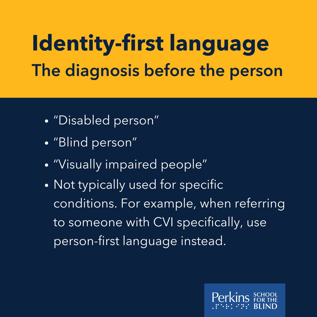 PerkinsVision's tweet image. You may have seen the terms #PersonFirstLanguage and #IdentityFirstLanguage on social media in relation to describing disability. We’re here to break down what they mean, the difference between the two, and when to use each type.
#PersonFirst #IdentityFirst #DisabilityAdvocacy