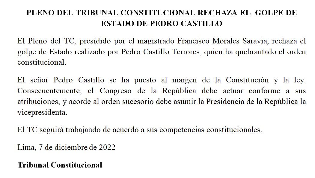 TC_Peru's tweet photo. 🔴 𝐏𝐋𝐄𝐍𝐎 𝐃𝐄𝐋 𝐓𝐑𝐈𝐁𝐔𝐍𝐀𝐋 𝐂𝐎𝐍𝐒𝐓𝐈𝐓𝐔𝐂𝐈𝐎𝐍𝐀𝐋 𝐑𝐄𝐂𝐇𝐀𝐙𝐀 𝐄𝐋  𝐆𝐎𝐋𝐏𝐄 𝐃𝐄 𝐄𝐒𝐓𝐀𝐃𝐎 𝐃𝐄 𝐏𝐄𝐃𝐑𝐎 𝐂𝐀𝐒𝐓𝐈𝐋𝐋𝐎. https://t.co/TSZITKVOcN