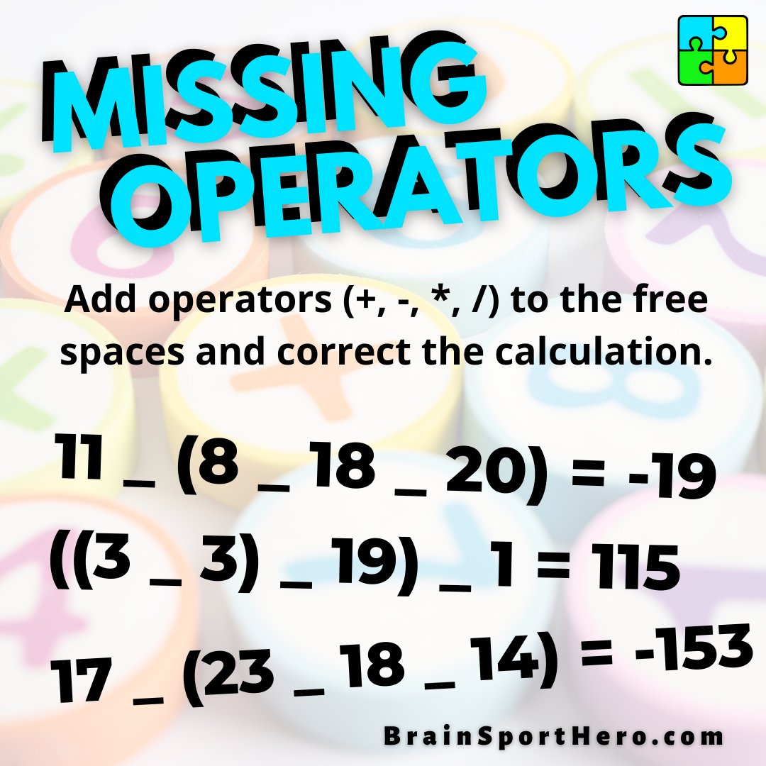 BrainSportHero's tweet photo. Missing #Math Operators:
Add operators (+, -, *, /) to the free spaces and correct the #calculation.
More #brainpuzzles:
https://t.co/8h0N3Aah2D
#brainteaser #brainteasers #braintraining #mathchallenge #puzzles #puzzlesofinstagram   #brainpuzzle #brainsport #brainteasers https://t.co/PnOBG3ZzOF