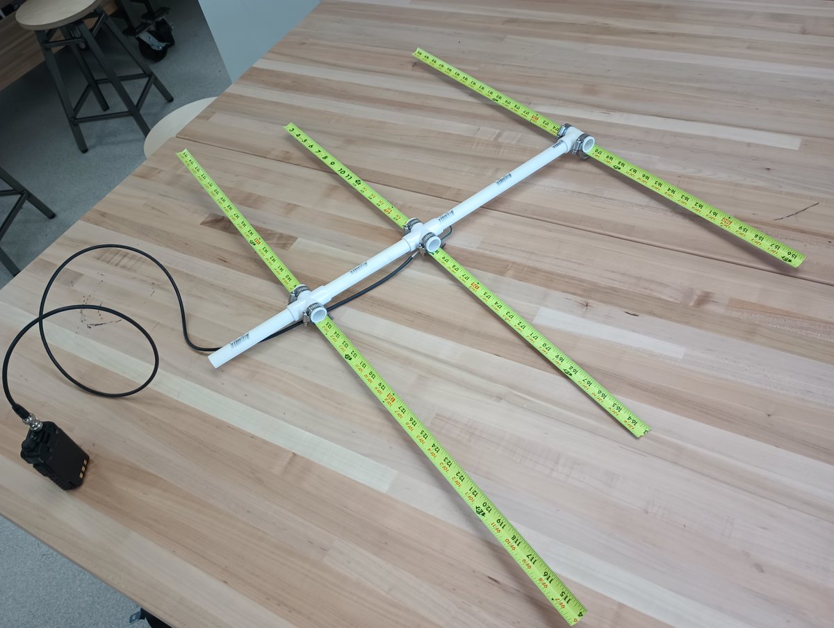 Today is the last day of the ham class! We're building measuring tape Yagi-Uda antennas (based on N5DUX's excellent plans). A rite of passage!

This was actually the first time I built one... Any tips for getting the reflector to lie flat on the PVC cross piece?