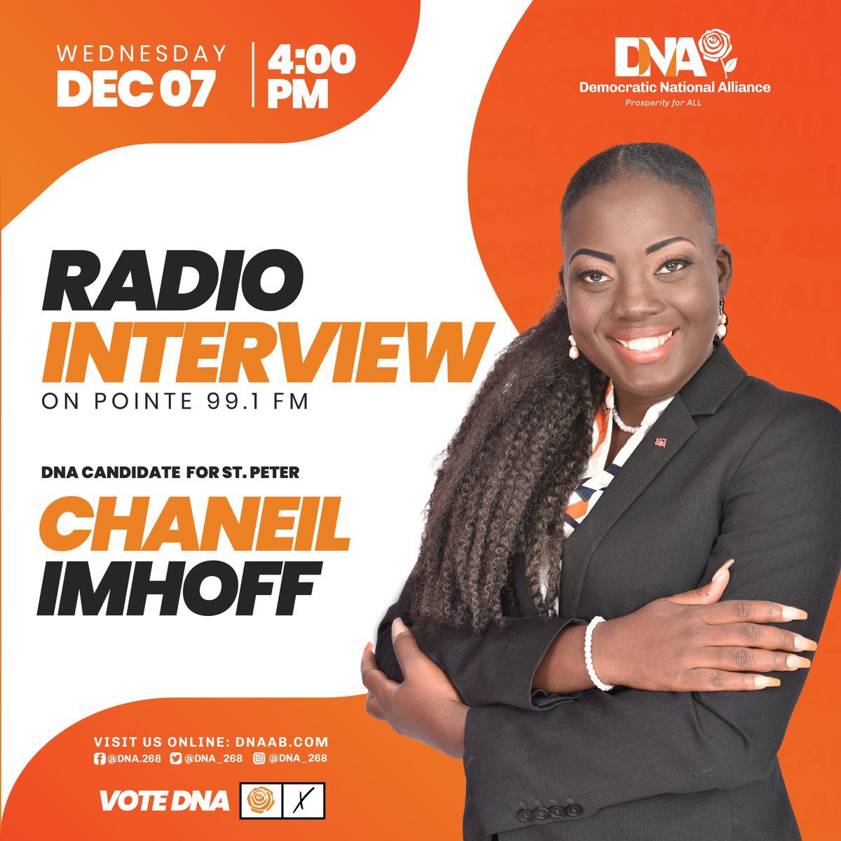 Join <a href="/chaneilcimhoff/">Chaneil Imhoff 🇦🇬</a> on Pointe 99.1 FM today at 4 PM to hear about the plans, policies and people of the DNA!