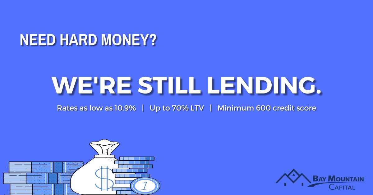 BayMountCapital's tweet photo. We're still lending!

If you're looking for hard money financing for your next Commercial or Residential investment, consider Bay Mountain Capital.

https://t.co/qmWjSC4gWO https://t.co/LCsssbvT7X
