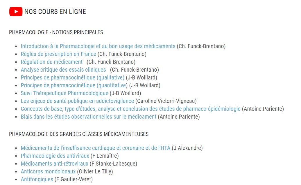 Afin de faire profiter au plus grand nombre de l'expertise des pharmacologues médicaux, le collège met progressivement en ligne des cours de ses enseignants. A retrouver les premiers cours ici 👉pharmacomedicale.org/videos-pedagog… 
<a href="/SFPT_fr/">Soc. Française de Pharmacologie et Thérapeutique</a>