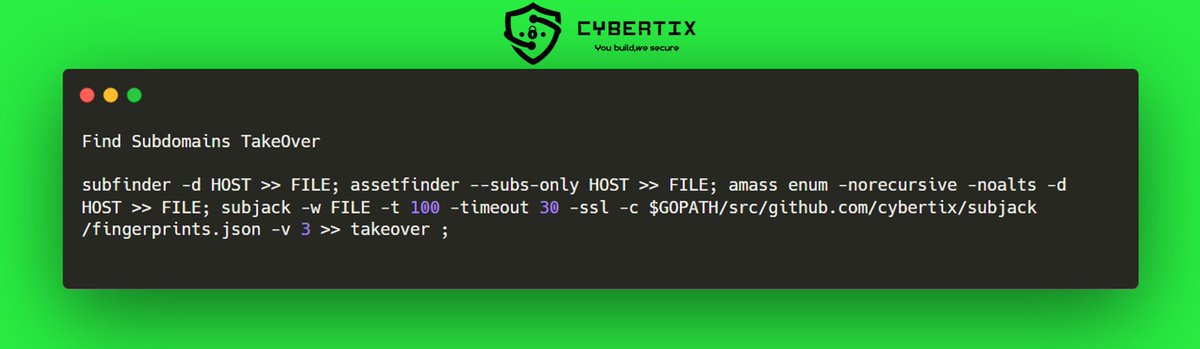 thecybertix's tweet photo. Find Subdomains TakeOver

subfinder -d HOST >> FILE; assetfinder --subs-only HOST >> FILE; amass enum -norecursive -noalts -d HOST >> FILE; subjack -w FILE -t 100 -timeout 30 -ssl -c $GOPATH/src/github.com/cybertix/subjack/fingerprints.json -v 3 >> takeover ;

Follow us 🙂

#Tips https://t.co/IZp1E3VC6A