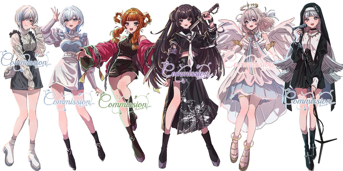 multiple girls 6+girls long hair black hair wings grey hair skirt  illustration images