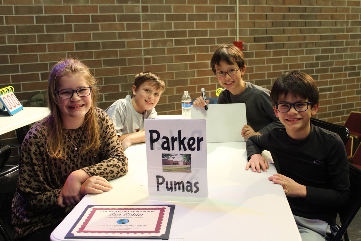 Congratulations to our 4th Grade Team <a href="/ParkerPumas/">Parker Elementary</a> for taking 2nd place <a href="/lSD728/">ISD 728</a>  Geography 🌎Bowl last night!  We are so proud of you!  #GoPumas🐾 @bittmand @WCampbell728
