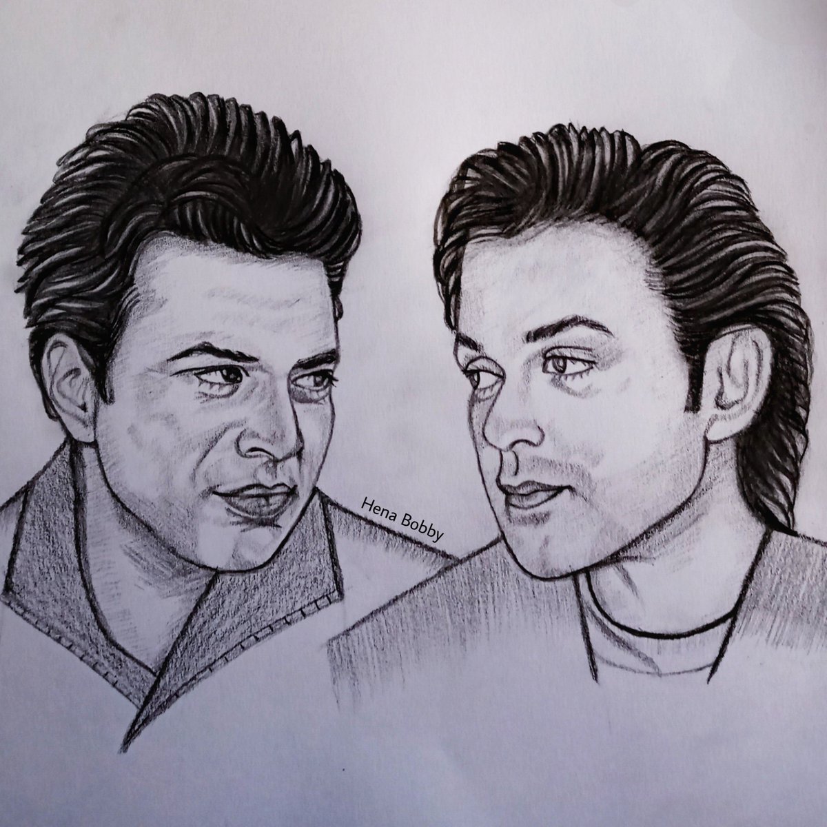 hena_bobby's tweet photo. This is my new portrait for the handsome young Dharmendra with the handsome young Bobby 💎💕 #HappyBirthdayDharmandra 🎉💕 #BobbyDeol #Dharmandra @thedeol @aapkadharam https://t.co/Nxt77Dckh9