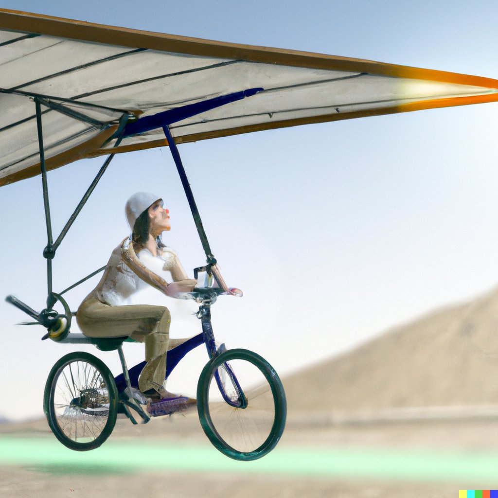 I've dreamed a lot about this: "A realistic flying hang glider, structurally attached to a bycicle, with a pilot on it, trying to land in an international airport" Now I can see it again with 10 seconds loading. Amazing #OpenAI #dalle