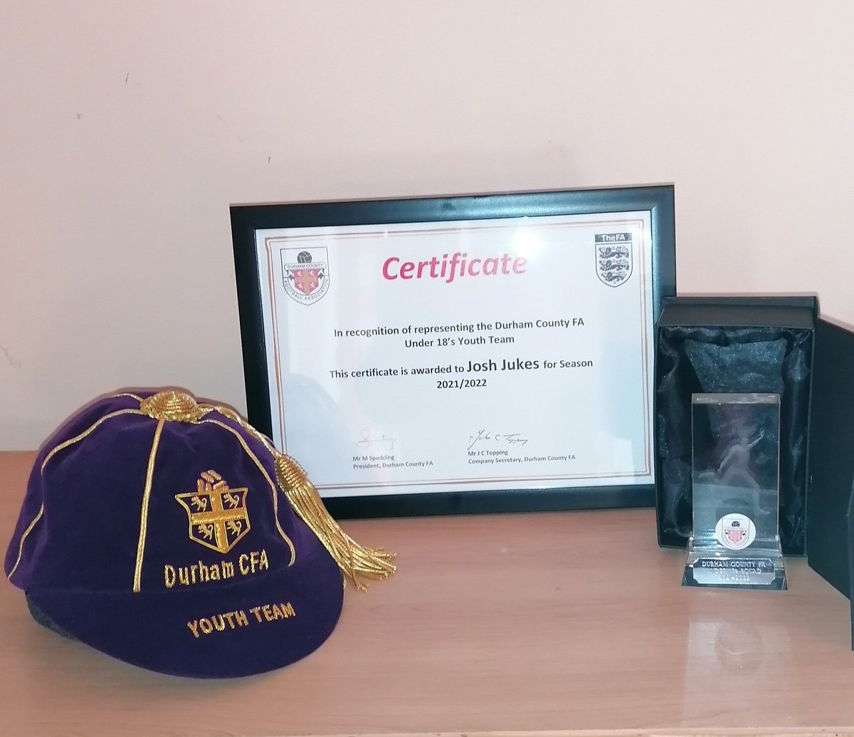 JukesStewart's tweet photo. Josh receiving his awards for representing Durham County FA team. Also the team winning a trophy https://t.co/Bj3RDogCCm