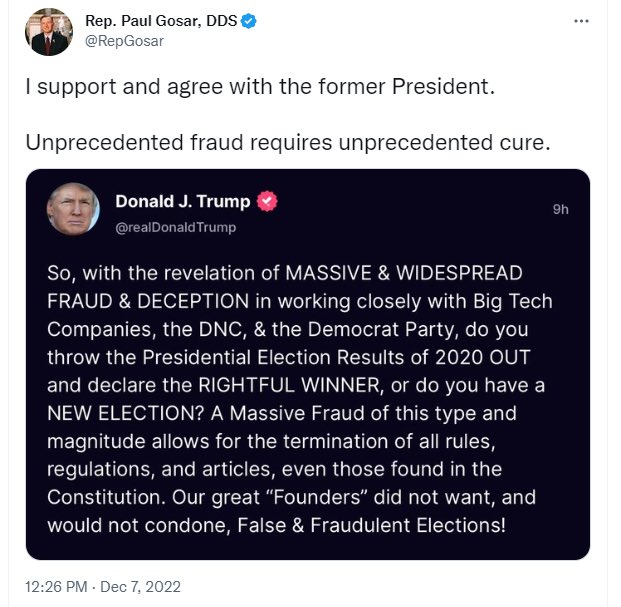 Kevin McCarthy wants to kick me off the Intelligence Committee and put Paul Gosar back on his committees. Paul Gosar wants to terminate the Constitution.