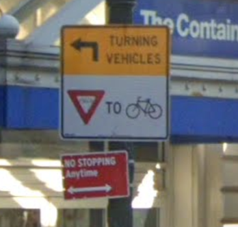 HildaBikes's tweet photo. @bikenewyork Had a driver yell "it's my turn!" as he attempted to cut me off on 6th Ave #ProtectedNotProtected #BikeNYC lane. Driver thinking, he should be able to merge between cyclists about 6 feet apart. The way vehicles turn across these lanes is so reckless. https://t.co/t7RWwBedPD