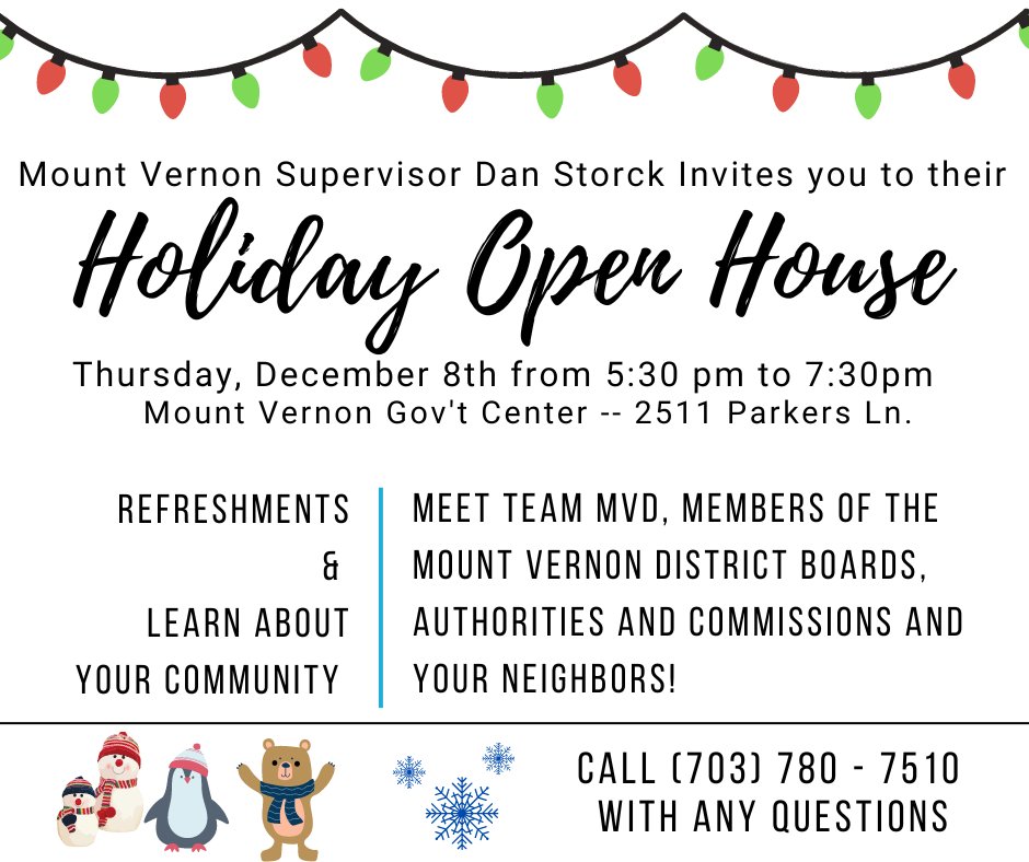 Tomorrow is Mount Vernon Supervisor Dan Storcks' Holiday Open House at the Government Center at 2511 Parkers Ln

RSVP 👉eventbrite.com/e/holiday-open…

#holidays #openhouse #inperson  #meetyourneighbors #supportnonprofits #supportlocal #MountVernon #localgovernment #economicdevelopment