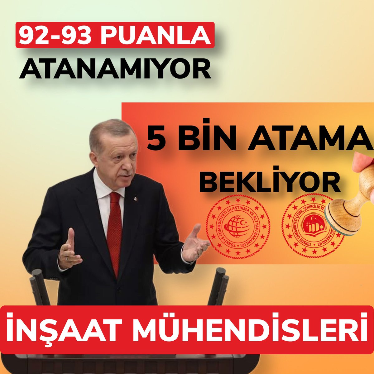 90+ puanlarla atama bekliyoruz. KPSS den  85 puan üzeri alıp Türkiye'de %1 lik başarı sıralamasında yer alan inşaat mühendisleri sayısı 2bin. 7 kişilik kadro açmayın artık bizim hakkımızı verin.
<a href="/murat_kurum/">Murat KURUM</a> <a href="/akaraismailoglu/">Adil Karaismailoğlu</a>
<a href="/A_Uraloglu/">Abdulkadir URALOĞLU</a> <a href="/fuatoktay/">Fuat Oktay</a> <a href="/cbsbb/">T.C. Cumhurbaşkanlığı Strateji ve Bütçe Başkanlığı</a>

#MimarİnşaatMühKamuya