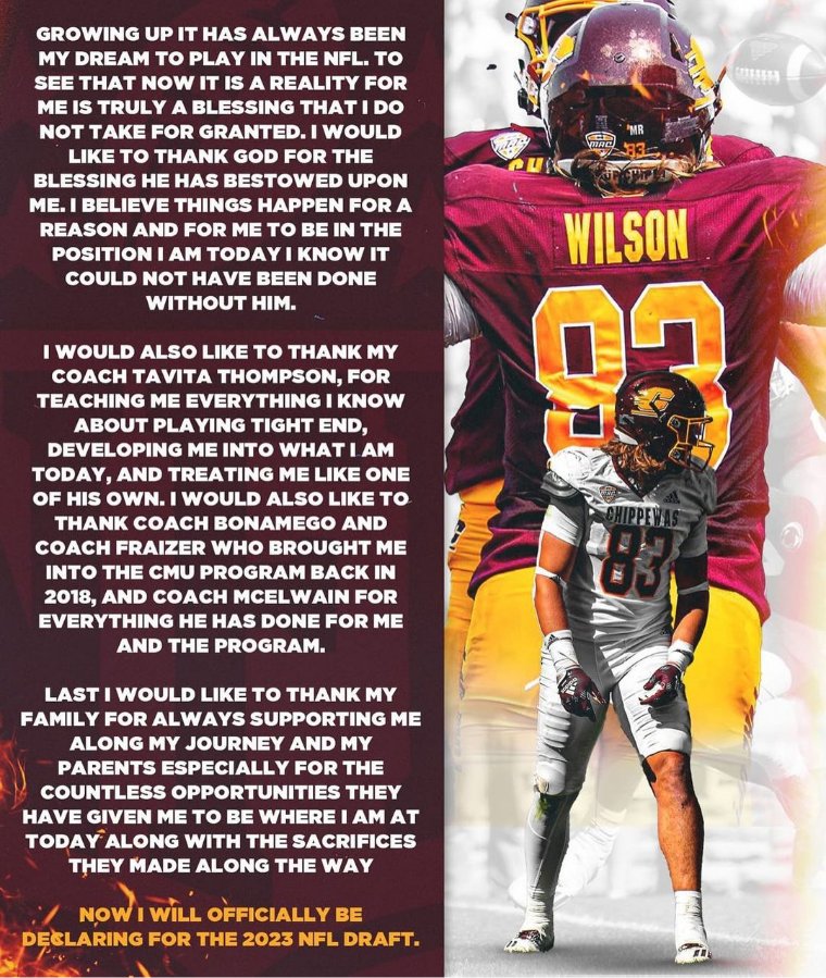 DrewKochanny's tweet photo. Petoskey native and CMU tight end Joel Wilson announces his intentions to enter the 2023 NFL draft on Instagram. Wilson should be considered one of the top TE's coming out. 12 TD the last two years and impressive games vs. power 5 programs. https://t.co/VAZpq12Mfn