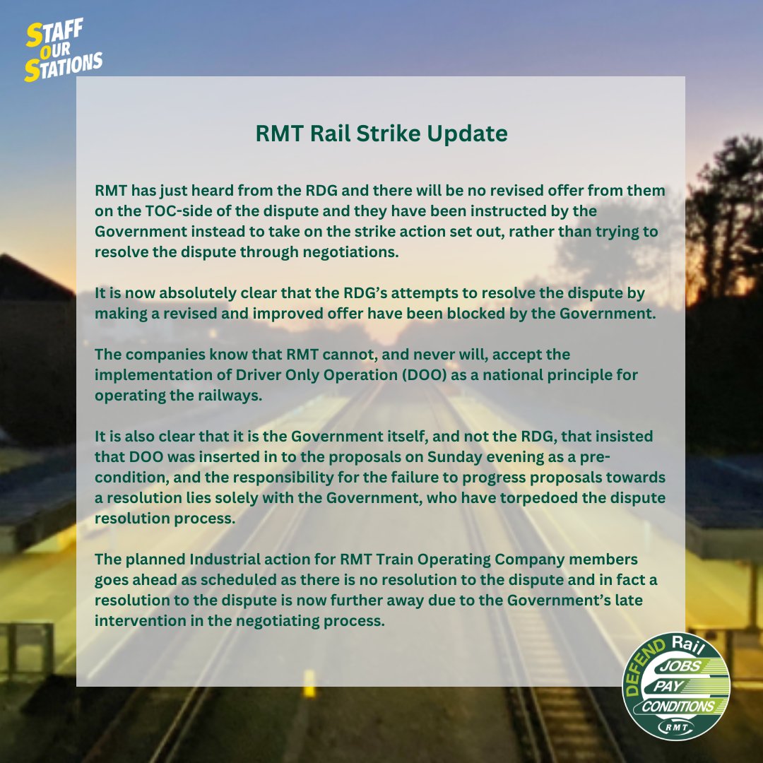 RMTunion's tweet image. 🚨🚨🚨RMT RAIL STRIKE UPDATE:
Tory Government instructs Rail Delivery Group not to issue revised offer
#RailStrikes will go ahead
