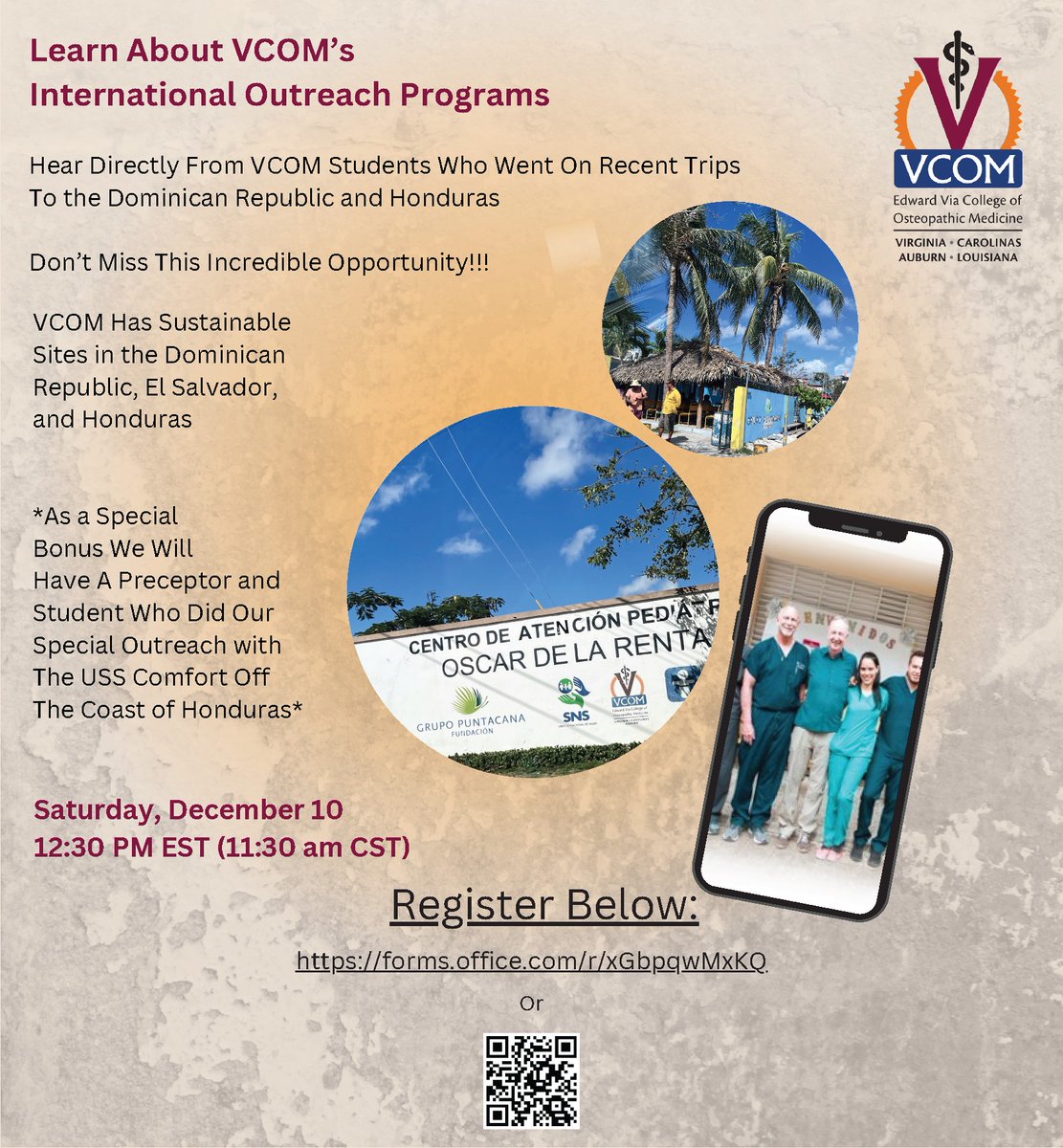 UCF Pre-Med students🩺🏥, interested in global health and attending a medical school that offers programs for international outreach and medical missions? VCOM is holding an information session on Saturday, December 10th, at 12:30 pm ET. Scan the QR code to join!