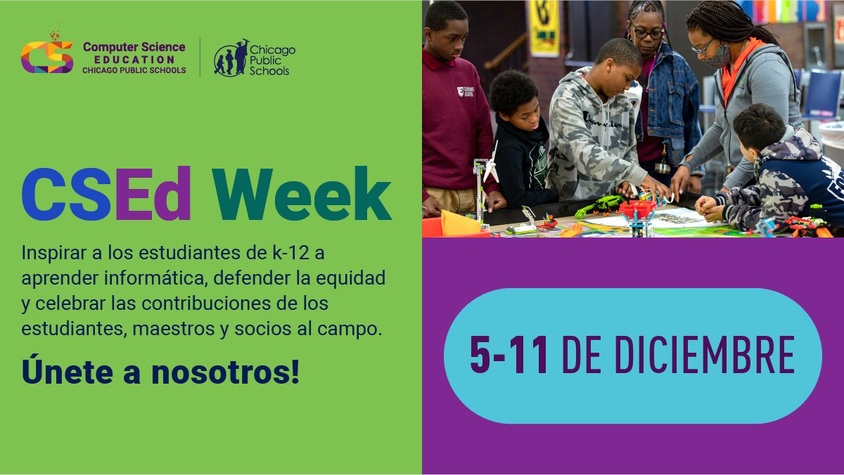 ChiPubSchools's tweet photo. Es la Semana de la Educación en Ciencias de la Computación del 5 al 11 de diciembre ¡Descubre todo lo que CPS tiene para ofrecer como robótica deportes electrónicos aprendizaje práctico y más! Visite https://t.co/yPHInbOzuX para obtener más información #CSforCPS #CS4All @ECCECPS https://t.co/pINjQcCZrW