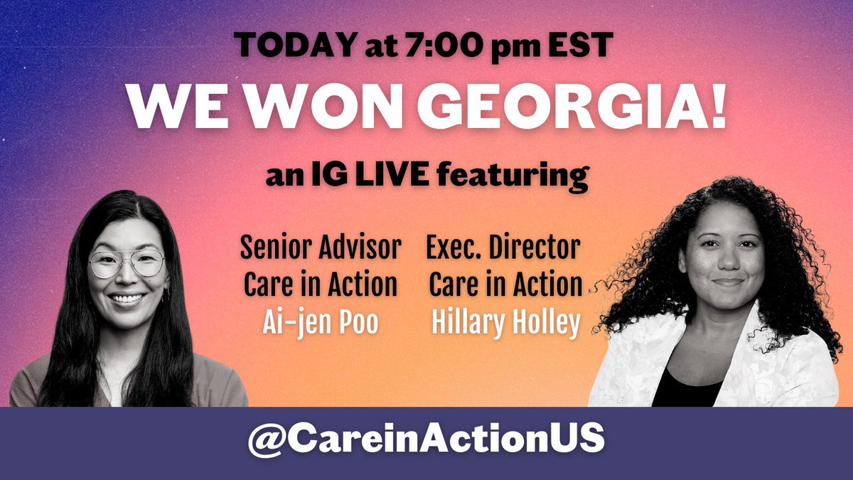 HillaryHolley4's tweet image. Georgia, we did it! I’m so proud of the work we put in to make last night’s victory happen. I’m joining @aijenpoo on IG Live tonight to celebrate and talk about what comes next for the Care Agenda. Join us on the @careinactionus Instagram at 7PM ET.