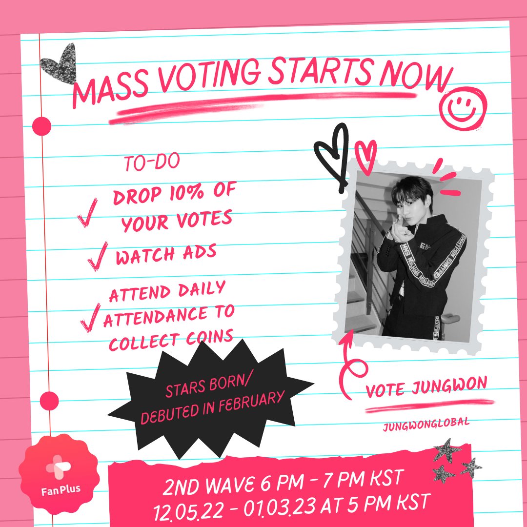 JUNGWONGLOBAL's tweet photo. [FANPLUS] 2nd Wave of Mass Voting for #JUNGWON on 'Stars Born in February' Starts Now

ENGENE's, let's drop our VOTING TICKETS

🎯 Goal: Top 3
🗓️Ends: 01/03/23
🎟️Referral Code: #fcef4451 
🗳️Vote Here: https://t.co/hy5UyiPs0J
🔗Tutorial: https://t.co/dPEMKK92s2 https://t.co/ZxuAlXA8gc