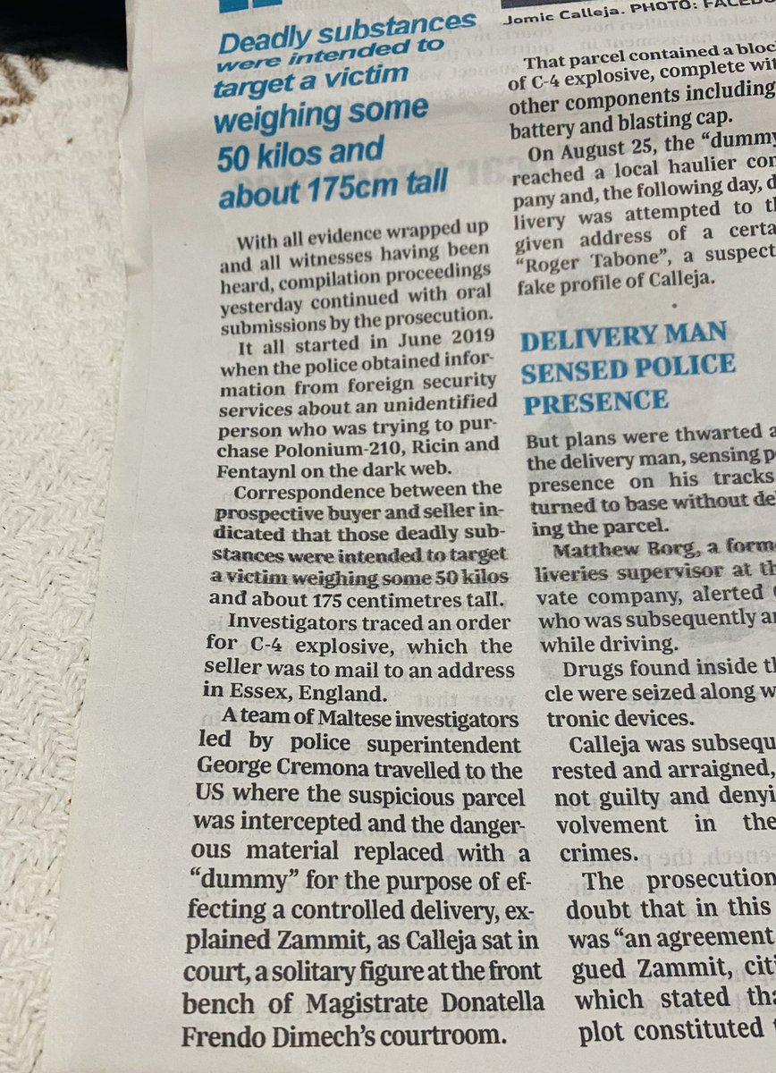 AJAberford's tweet photo. My editor often accuses my plots of being a bit far fetched but she doesn’t live in #Malta! Here’s someone arrested for trying to import Polonium 210, Ricin and Fentanyl from today’s paper! He’s foiled not by my #Inspectorgeorgezammit but by a real Inspector Zammit (Omar)! https://t.co/zXNlqlbZ5o