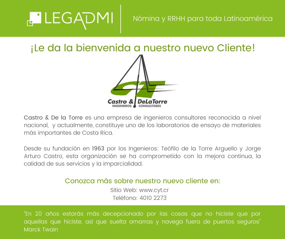 Con mucho orgullo les compartimos la información de nuestro nuevo cliente.
Bienvenidos y que sean muchos nuestros logros en conjunto.
#Legadmi #CastroYDeLaTorre #Payroll #HR #Cloud #SaaS #Responsive