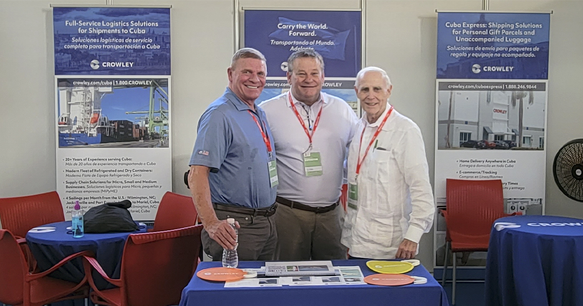 CrowleyMaritime's tweet photo. We attended the 38th year of the Trade Fair in Cuba. We've served the full container needs of Cuba since 2001 &amp; today, we help families stateside send their relatives critical &amp; approved items like wheelchairs, medications, &amp; home repair supplies. https://t.co/aGR0FTT43j
