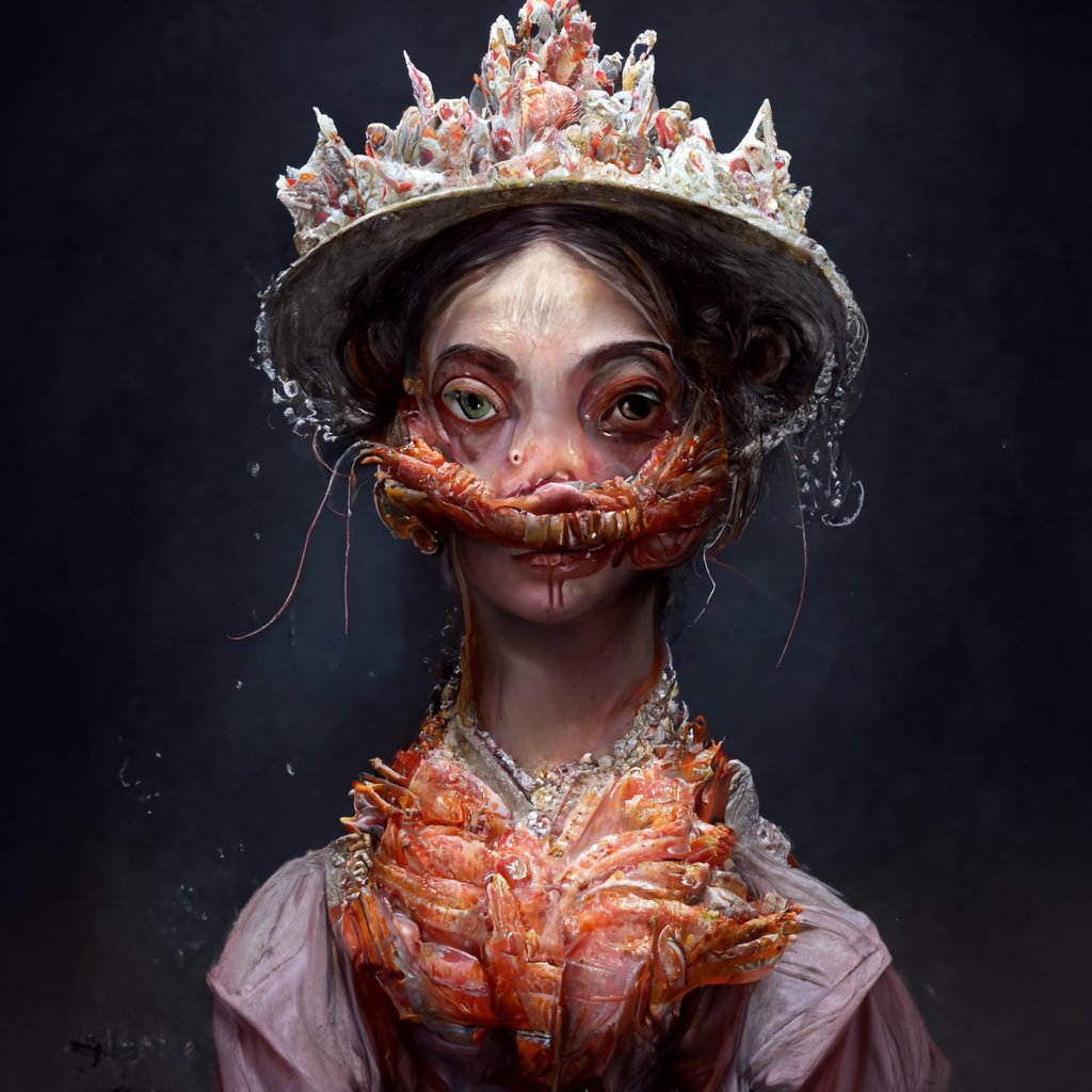 AutoLifehacker's tweet image. Aside from that scandal where a man saw her elbow once she&apos;s completely untainted by scandal and a desirable marriage candidate.

Prompt: &quot;Victorian Prawn Princess&quot; #Victorian #PrincessPrawn #MidJourney #AI #AIArt #GenerativeArt