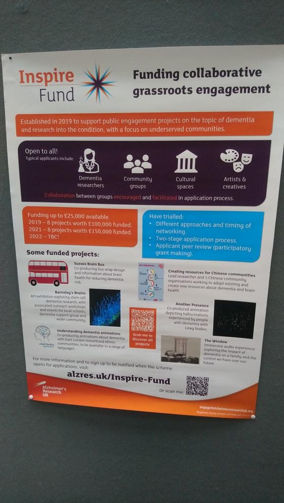 Spotted at @nccpe #Engage2022 - <a href="/AlzResearchUK/">Alzheimer's Research UK</a>'s poster on funding co-produced dementia engagement projects features <a href="/DLB_film/">Another Presence film</a> as a case study. Nice to see two projects I support collide! #AnotherPresencefilm #publicengagement #artsresearch