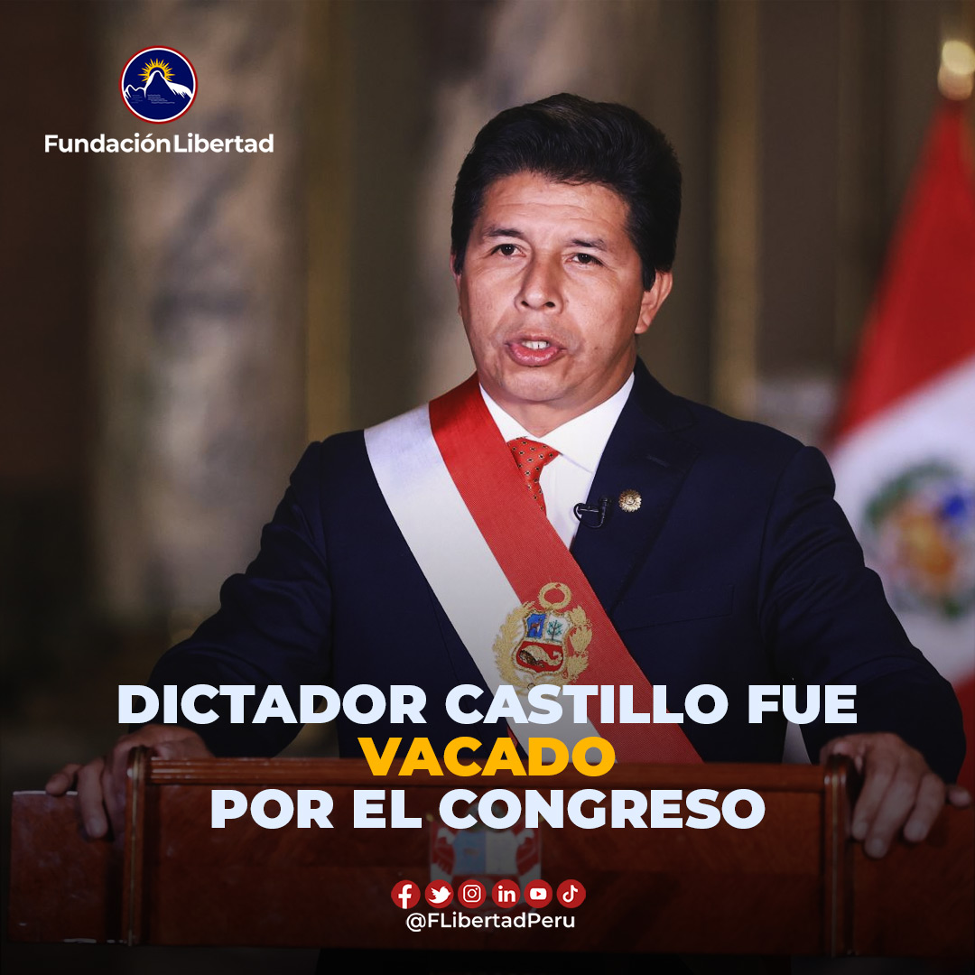 El dictador Pedro Castillo fue vacado por el Congreso de la República del Perú la tarde del 7 de diciembre de 2022 con 101 votos a favor, 6 en contra y 10 abstenciones, siguiendo los principios constitucionales que son los pilares que rigen a la sociedad peruana.

¡Viva el Perú!