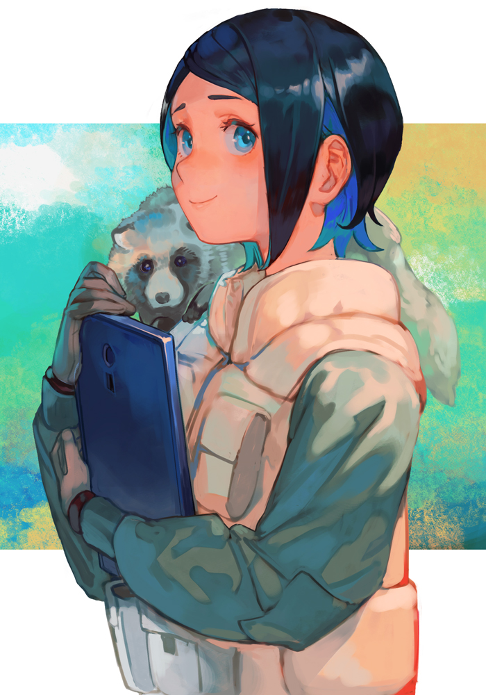 1girl smile blue eyes black hair gloves looking at viewer solo  illustration images