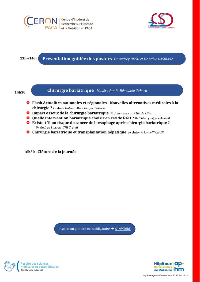 AP-HM - Hôpitaux Universitaires de Marseille (@aphm_actu) on Twitter photo 🧑🏻💻 Inscription gratuite mais obligatoire en suivant ce lien : gabendo.com/form/ #CERONPACA #obésité
@univamu <a href="/ARSPaca/">ARS Paca</a> <a href="/HAS_sante/">Haute Autorité de santé</a> <a href="/CRES_PACA/">CRES Provence-Alpes-Côte d'Azur</a> <a href="/AFERO_obesite/">AFERO</a> <a href="/CNAObesite/">CNAO</a> @LCObesite <a href="/DiabeteObesite/">Diabète & Obésité</a> 🧑🏻💻 Inscription gratuite mais obligatoire en suivant ce lien : gabendo.com/form/ #CERONPACA #obésité
@univamu <a href="/ARSPaca/">ARS Paca</a> <a href="/HAS_sante/">Haute Autorité de santé</a> <a href="/CRES_PACA/">CRES Provence-Alpes-Côte d'Azur</a> <a href="/AFERO_obesite/">AFERO</a> <a href="/CNAObesite/">CNAO</a> @LCObesite <a href="/DiabeteObesite/">Diabète & Obésité</a>
