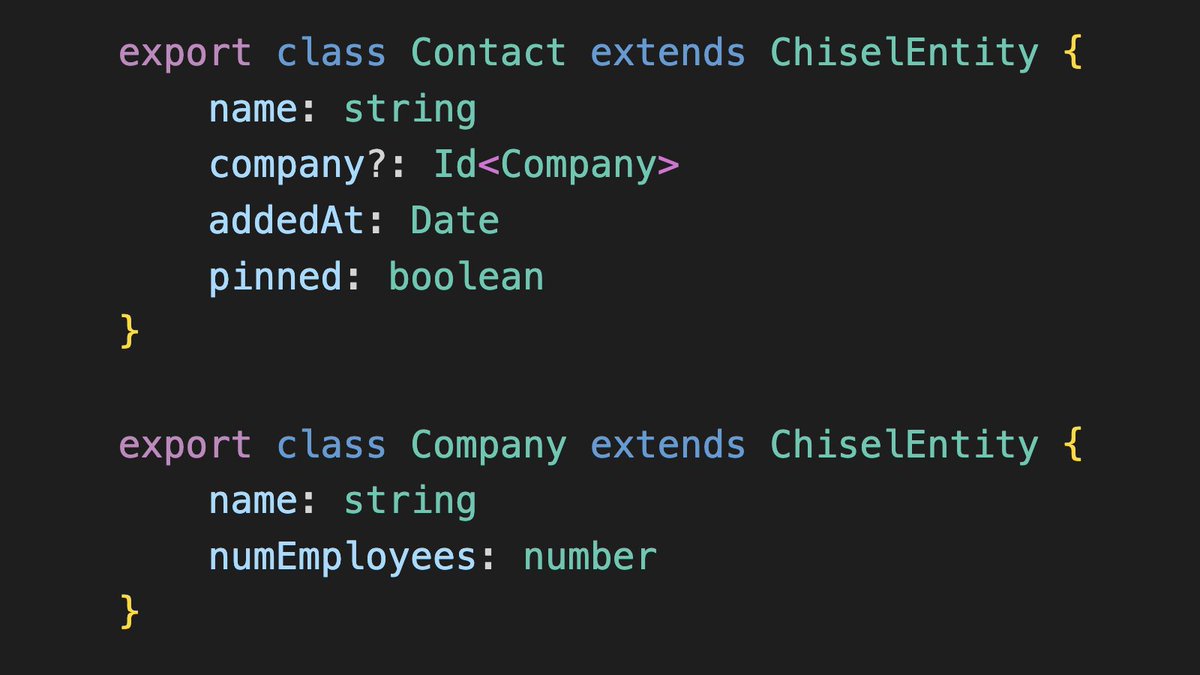 App data modeling with ChiselStrike is as easy as writing a #TypeScript class entity. There are no tables and no JSON. Expressing relationships between entities is natural and typesafe, and CRUD APIs come for free. ⬇️ Read more in the docs ⬇️ docs.chiselstrike.com/reference/data…