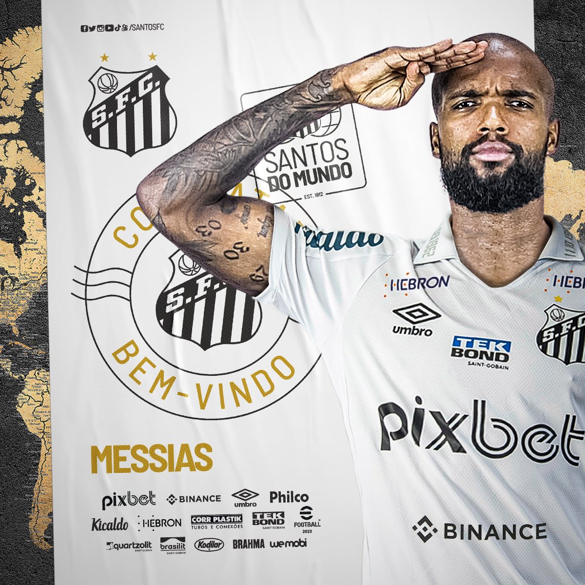 SantosFC's tweet photo. BEM-VINDO, MESSIAS! ⚪️⚫️

O zagueiro Messias é o primeiro reforço do Peixão para 2023. O atleta vem com contrato de 3 temporadas, até o final de 2025. Pra cima deles! 🐳 https://t.co/7t0Vg5BFKs