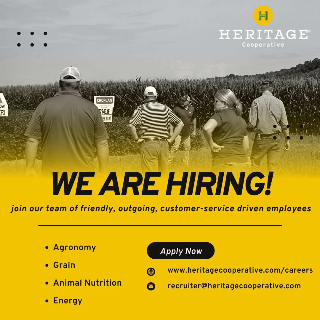 We have many positions open across the state of Ohio! We are always looking for friendly, outgoing, customer-service-driven people to join our team! Learn more here: bit.ly/3CSh1TF

#aghires #agcareers #heritagecoop #coopjobs