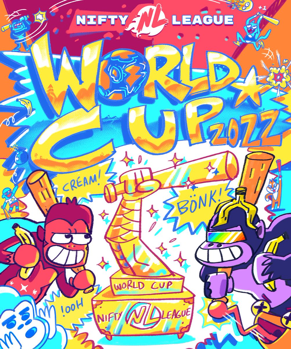 NiftyLeague's tweet photo. 🏆 NIFTY LEAGUE WORLD CUP 

Join us in our very first cross-IP tournament featuring our biggest prize pool EVER! 🔥

Total prizes will include:

• 10,000 Banana 🍌 
• 5 @CyberKongz VX NFTs
• 20 @NiftyLeague DEGEN NFTs

Learn how to sign-up below!👇 https://t.co/jdlsbyuYUZ