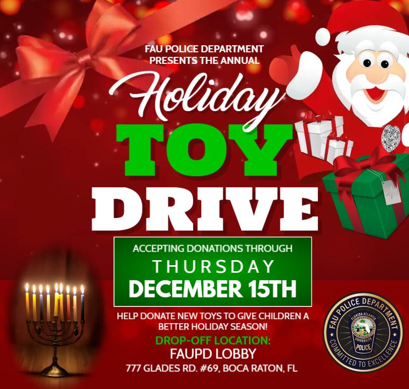 FAUPD's tweet photo. #FAUPD is collecting new, unwrapped gifts for our local community this holiday season. We have collection bins at the FAUPD Lobby Boca Campus, Jupiter Student Union &amp; the Library on the Davie Campus. #HappyHolidays https://t.co/WwmTNA9zmH