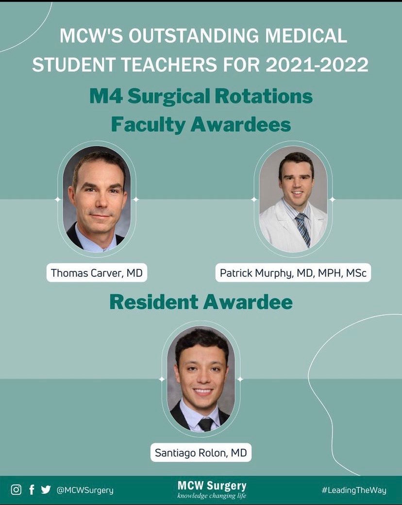 Congrats to Dr.s Carver and Murphy for receiving MCW's outstanding medical student teachers award for Faculty and to Dr. Rolon for residents!