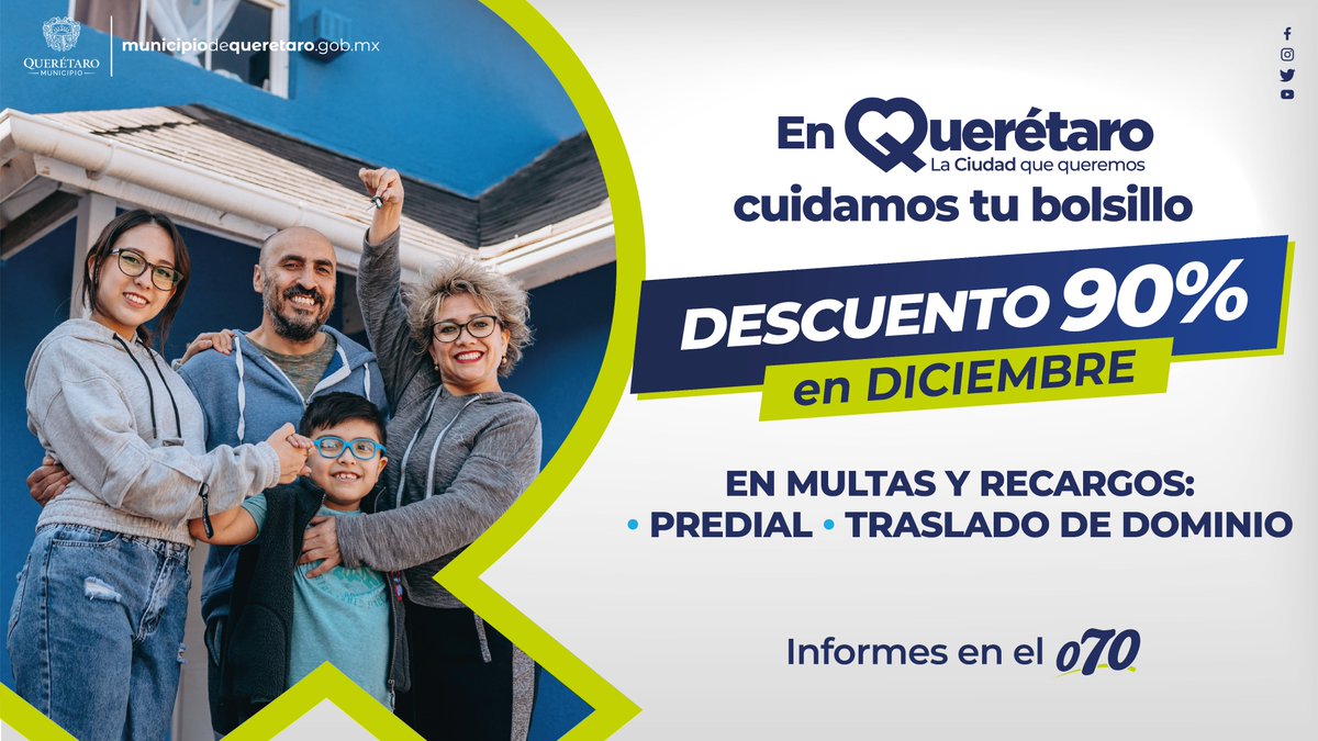 No dejes pasar esa oportunidad que le hace bien a tu bolsillo. En el mes de diciembre obtén un 90% de descuento en multas y recargos en el pago del predial y traslado de dominios. 
 ¡Aprovecha este ofertón! 🫰