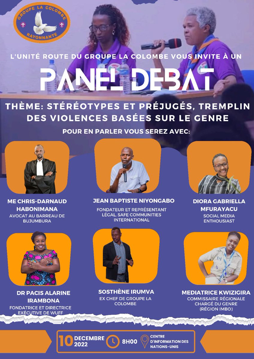 ScoutColombe's tweet photo. #Abatwip Rateriez-vous un panel riche en échange avec des invités de marque comme @MeDarnaud @gab___riella @PacisAlarine @jbniyongabo77 @SostheneIrumva ?🤔 
Certainement que NON!😅 
On espère que vous serez des nôtres ce samedi au Centre D'informations des Nations Unies😉 
Karibu https://t.co/5BicElHJHD